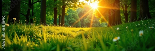 Golden sunlight bathes a lush green meadow nestled amongst a sun-dappled forest , nature, view