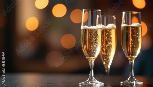 Two champagne flutes, bubbly liquid, soft focus background, background, lifestyle