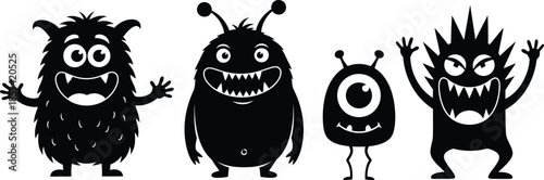 a collection of four cartoon monsters depicted in black silhouettes showing varied designs and expressions creating a playful and whimsical scene