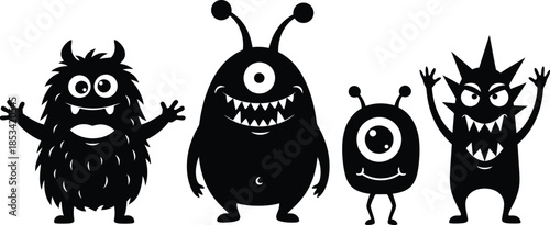 a playful illustration depicts three distinct cartoon monsters with various features creating a whimsical and slightly spooky scene high quality professional
