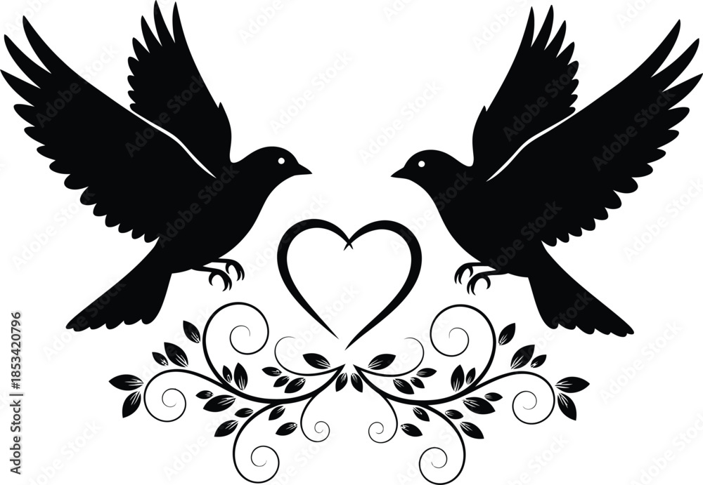 Obraz premium Two black silhouette doves with outstretched wings face each other above a heart and decorative foliage symbolizing love and peace