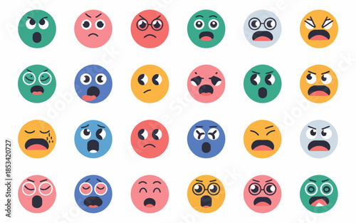 Collection of various colorful emoticon faces on white background vector