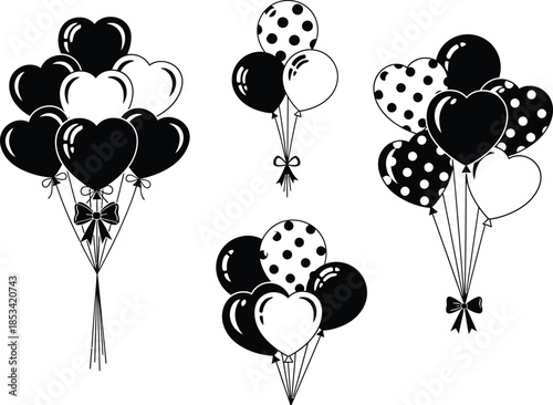 A monochromatic collection of balloons in varying shapes and sizes featuring hearts and polka dots tied with ribbons high quality professional