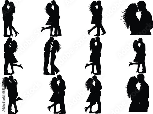 A collection of silhouette images depicts couples in various affectionate poses showing loving embraces and intimate moments representing romance high quality