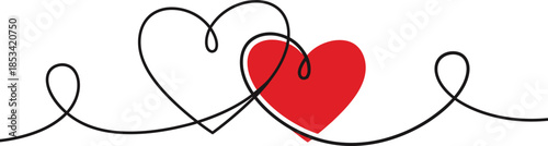 A minimalist design showcases a continuous line forming swirls and a bold red heart at its center symbolizing love and connection