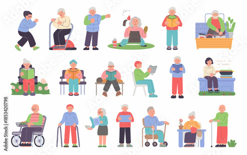 Elderly people engaging in various daily activities isolated on white background vector