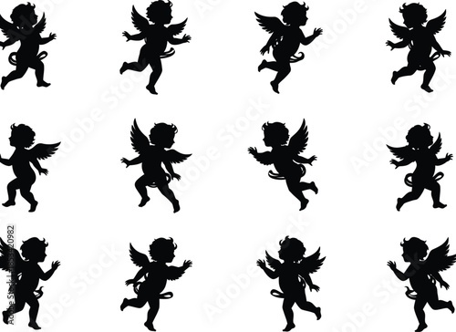 A collection of silhouetted cherubic figures seemingly in motion creates a whimsical and ethereal visual impression with delicate wing details