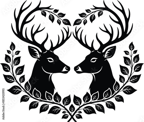An elegant black and white illustration depicts two deer facing each other their antlers forming a heart shape surrounded by foliage