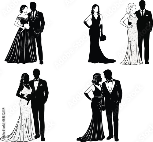 Elegant couples in formal attire are depicted in a black and white sketch showcasing various poses and dress styles for special occasions