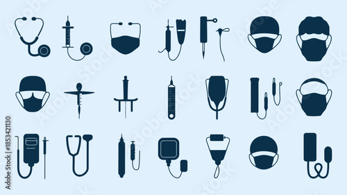 Collection of medical icons and equipment on light blue background vector
