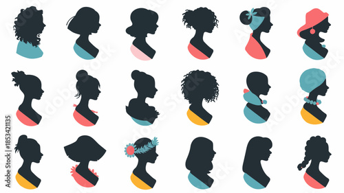 Collection of diverse women's head silhouettes with colorful accents isolated on white background vector