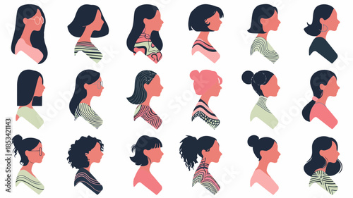 Collection of diverse women profiles with various hairstyles and outfits on white background vector