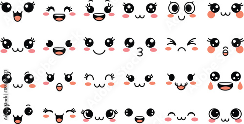 Kawaii Facial Expressions Set Featuring 30 Cute Cartoon Faces with Emotions, Blush, Eyes, and Mouths for Character Design