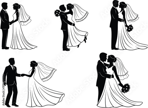 A collection of black silhouette wedding scenes depicts joyous couples embracing holding hands and sharing intimate moments during their special day