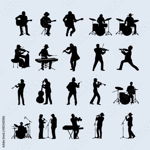 Silhouettes of musicians playing various instruments on light blue background vector
