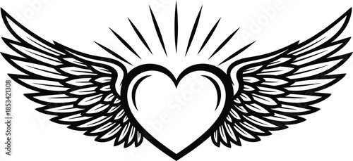 A striking black and white illustration depicts a heart shape adorned with feathered wings symbolizing love freedom and a sense of soaring emotion