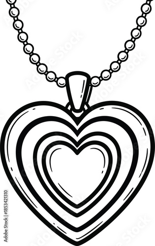 A detailed sketch showcases a silver necklace with a heart shaped pendant featuring concentric heart outlines creating a romantic and elegant design
