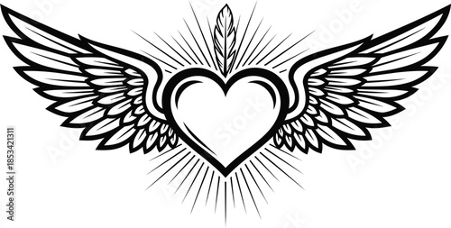 A striking black and white illustration depicts a heart shape adorned with detailed feathered wings radiating light and symbolizing love s freedom