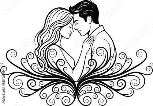 a delicate black and white sketch depicts a loving couple embracing tenderly surrounded by ornate floral swirls and decorative line work