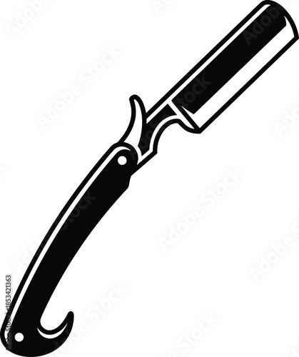 Black silhouette of a vintage straight razor with a curved handle barber shaving