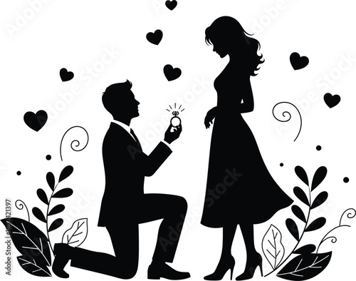 A romantic black silhouette depicts a man proposing to a woman surrounded by hearts and floral elements symbolizing love and commitment