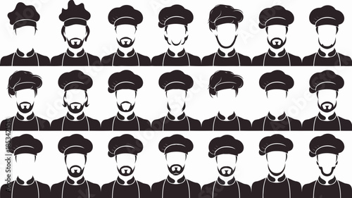 Collection of black and white chef silhouettes on white background vector