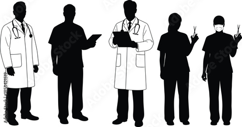 a striking silhouette depiction of five medical professionals including doctors and nurses standing in a row conveying healthcare expertise high quality