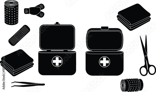 a collection of black and white medical supplies including first aid kits scissors tape and various personal care items are displayed