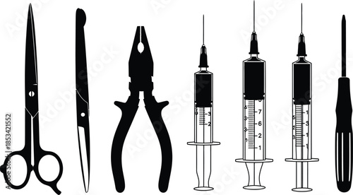 a silhouette illustration depicting various medical and precision tools including scissors tweezers pliers and multiple syringes all in black high quality