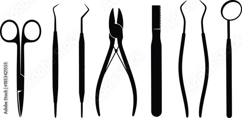 a collection of black silhouette dental instruments including probes forceps mirrors and scalers arranged vertically on a white background high quality