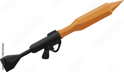 Cartoon illustration of a rocket launcher weapon with orange projectile and black handle Keywords: weapon, rocket launcher, gun