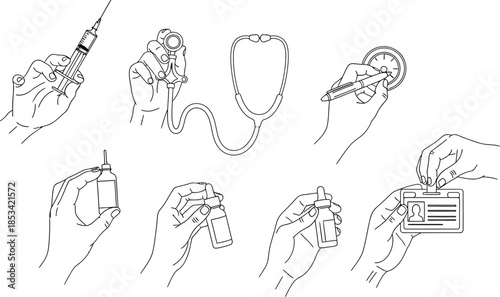 A collection of hand drawn medical tools including a syringe stethoscope otoscope medicine bottles and an identification badge high quality professional