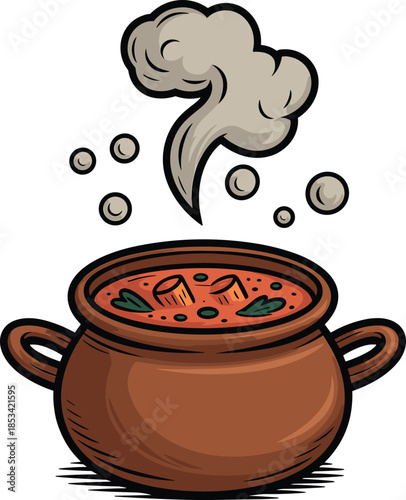 Cartoon illustration of a steaming clay pot filled with soup and vegetables on a white background stew