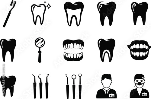 A collection of black and white icons depicting dental health including teeth tools and a dentist suggesting oral hygiene high quality
