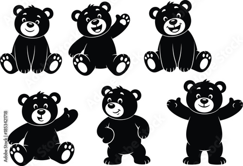 A collection of adorable black teddy bears in various poses including waving and sitting presented in a simple cartoon style