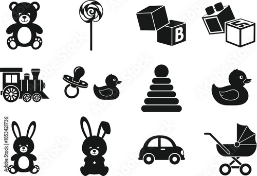 a collection of simplistic black and white icons depicting various classic baby and toddler toys including a bear train and duck