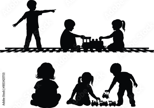 a delightful scene of children playing with a toy train interacting and enjoying a carefree moment together in silhouette form