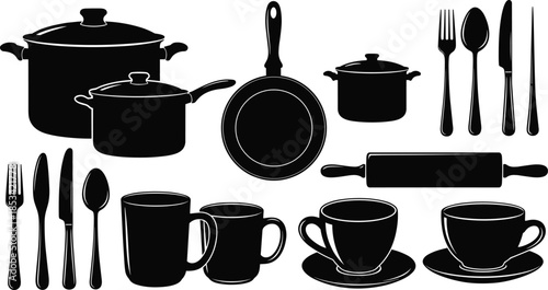 Kitchen utensils and cookware silhouettes vector illustration, cooking pots, cups, cutlery, rolling pin and pan design for restaurant graphics