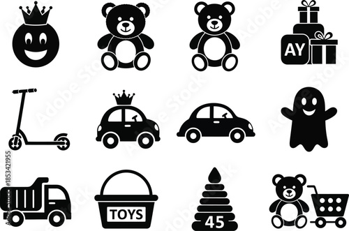 a collection of black silhouette icons depicting various childhood toys including a teddy bear car and gift box isolated on a white background