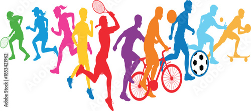 Colorful silhouettes of people engaged in various sports and activities activity recreation