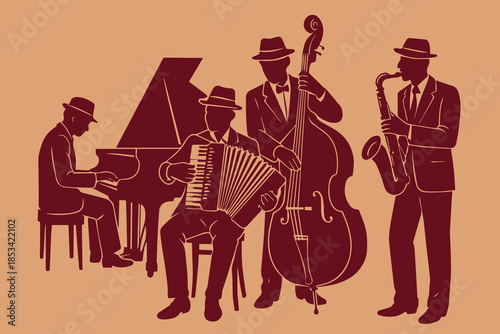 The vector artwork presents silhouettes of four senior men dressed neatly while playing jazz instruments including accordion, piano, saxophone, and double bass, evoking elegance, warmth, and vintage.