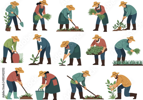 a collection of cartoon farmers in straw hats performing various gardening tasks such as planting watering and harvesting crops high quality