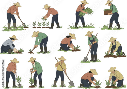 a collection of illustrations depicts various farmers engaged in agricultural tasks such as planting tending and harvesting crops in fields