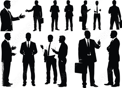 A collection of silhouettes depicts various business professionals in suits engaged in different poses and activities showcasing corporate life high quality
