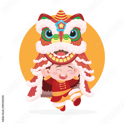Young boy celebrating with a traditional lion dance costume.