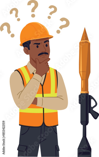 Confused construction worker with question marks and rocket launcher on white background hard hat safety vest