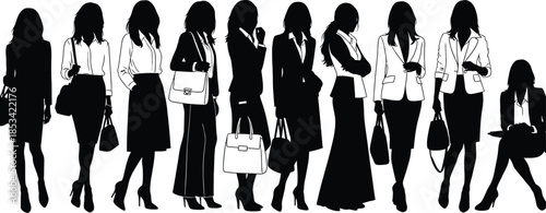 A striking black and white silhouette depicts a diverse group of professional women confidently walking each exhibiting unique style and poise