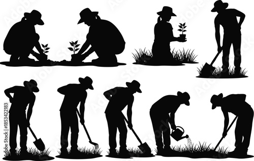 a collection of black silhouette figures depicting various gardening activities such as planting watering and tending to plants in a field