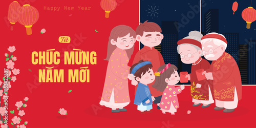 Vietnamese family celebrating Lunar New Year with traditional customs.