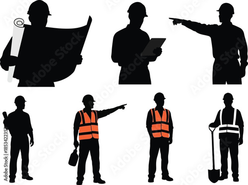 Silhouettes of construction workers in various poses and roles depicting a team involved in building projects and site management high quality